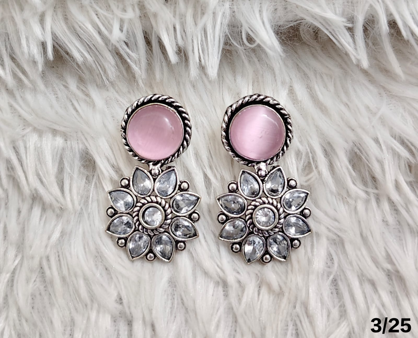 Oxidised Floral Drop Earrings with Stone Stud – Antique Silver Finish